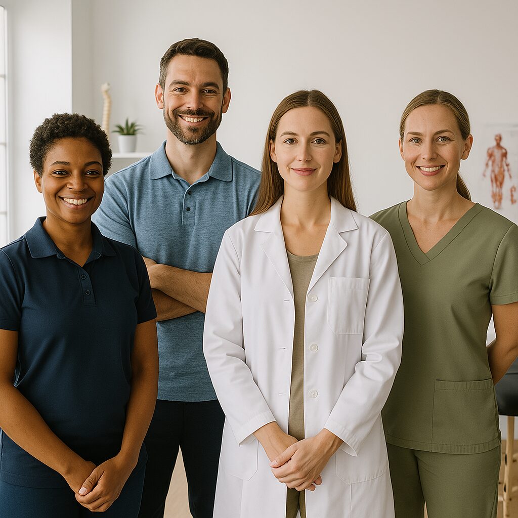 Group of allied health professionals including a physical therapist, registered dietitian, chiropractic assistant, and occupational therapist standing together in a wellness clinic.