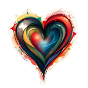 Colorful abstract heart illustration with layered brush strokes and vibrant hues, symbolizing compassion, care, and creativity in healthcare.