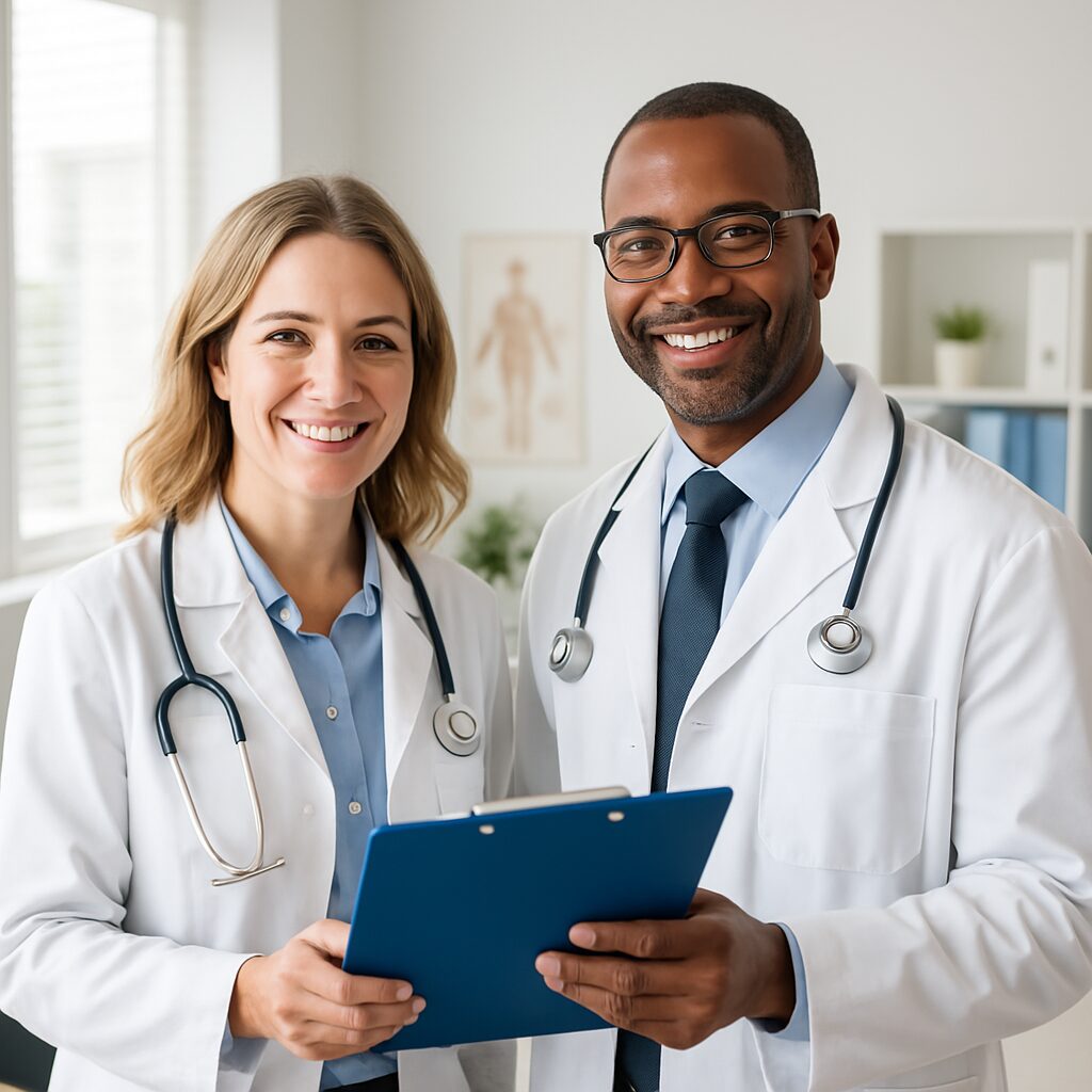 Smiling medical providers looking over charts in a brightly lit clinic.